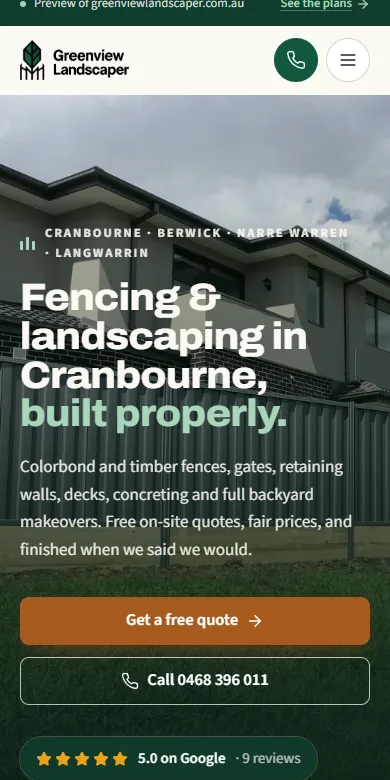 Our mockup: a fencing photo, a free quote button, their number and a 5.0 Google rating