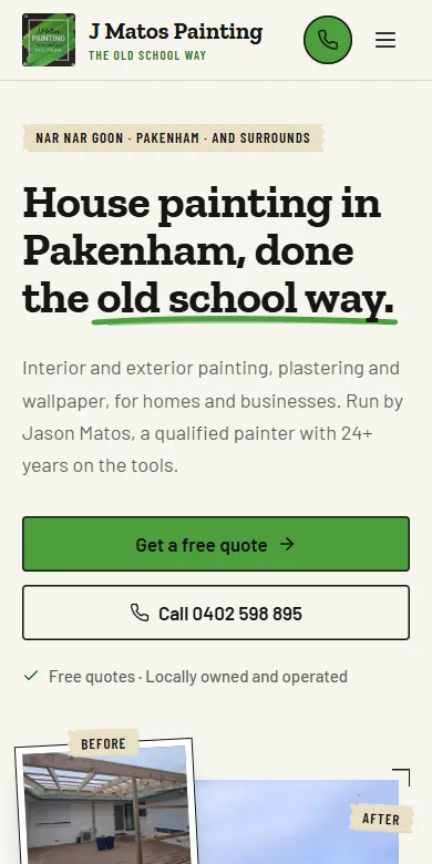 Our mockup: a plain heading, a free quote button, his number, and a before and after photo of his work